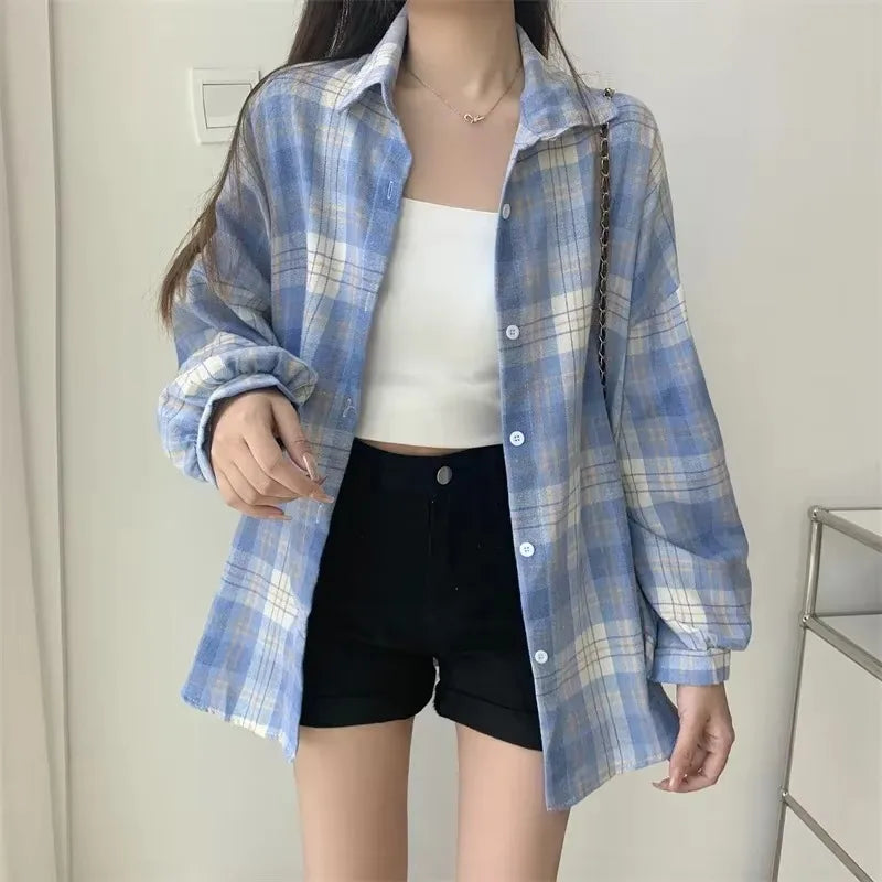 Long Sleeve Top Preppy Style Loose Check Shirts