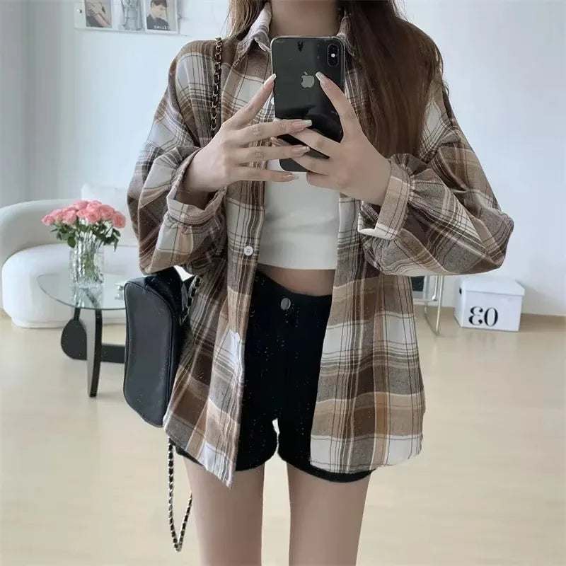 Long Sleeve Top Preppy Style Loose Check Shirts