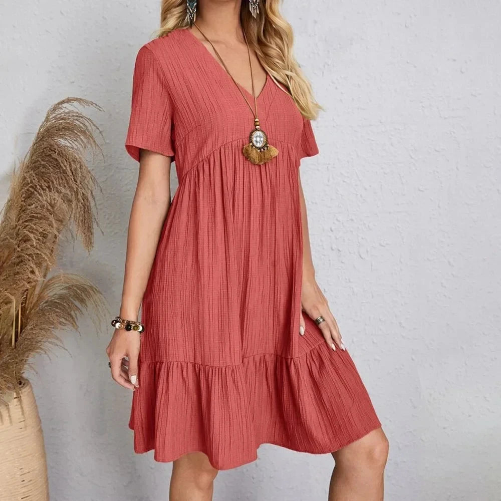 Women Summer Dresses V-Neck Short Sleeve