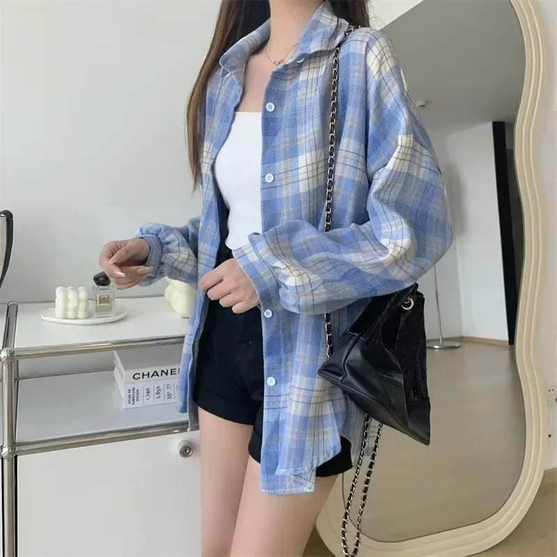 Long Sleeve Top Preppy Style Loose Check Shirts