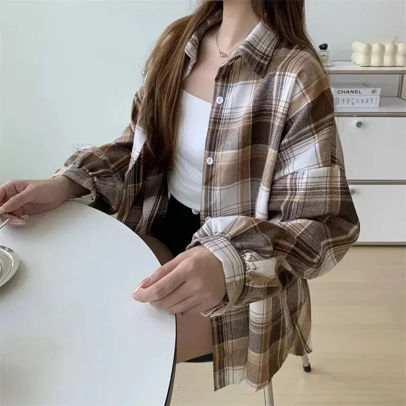 Long Sleeve Top Preppy Style Loose Check Shirts