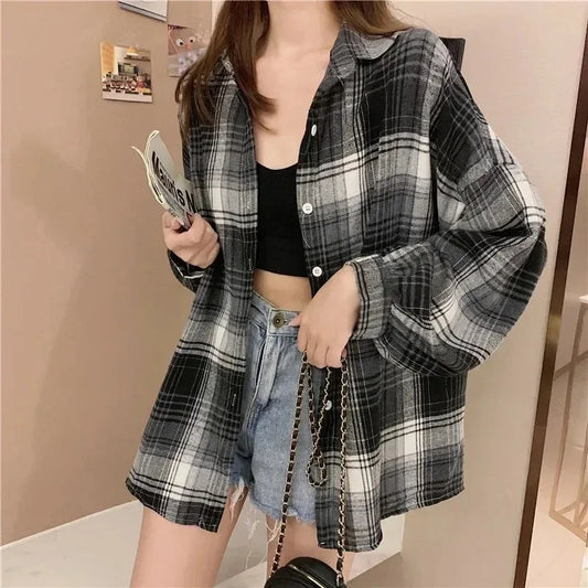 Long Sleeve Top  Preppy Style Loose Check Shirts