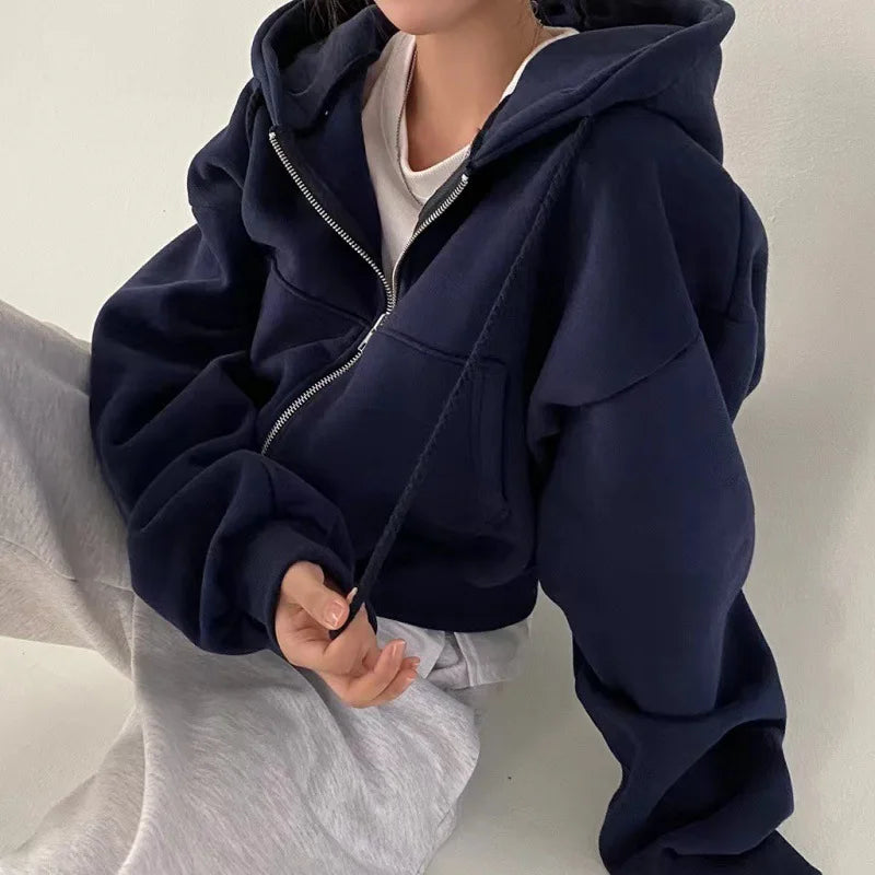 New Insfleece-lined Versatile Cropped Slims Hooded Sweatshirt Women